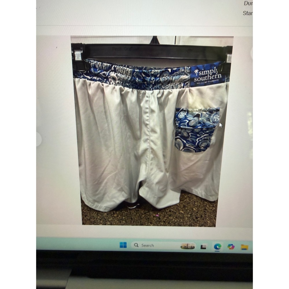 Simply Southern Mens Swim Trunks XL Gray Blue Car Print Mesh Lined 5in Inseam